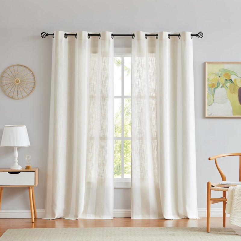 Central Park Beige White Stripe Farmhouse Curtains Semi-Sheer Rayon Blend Heavy Linen Texture Window Curtain Panel 6 Grommets Treatment for Living Room/Bedroom, Set of 2, 44" x 84" Each - Image 1